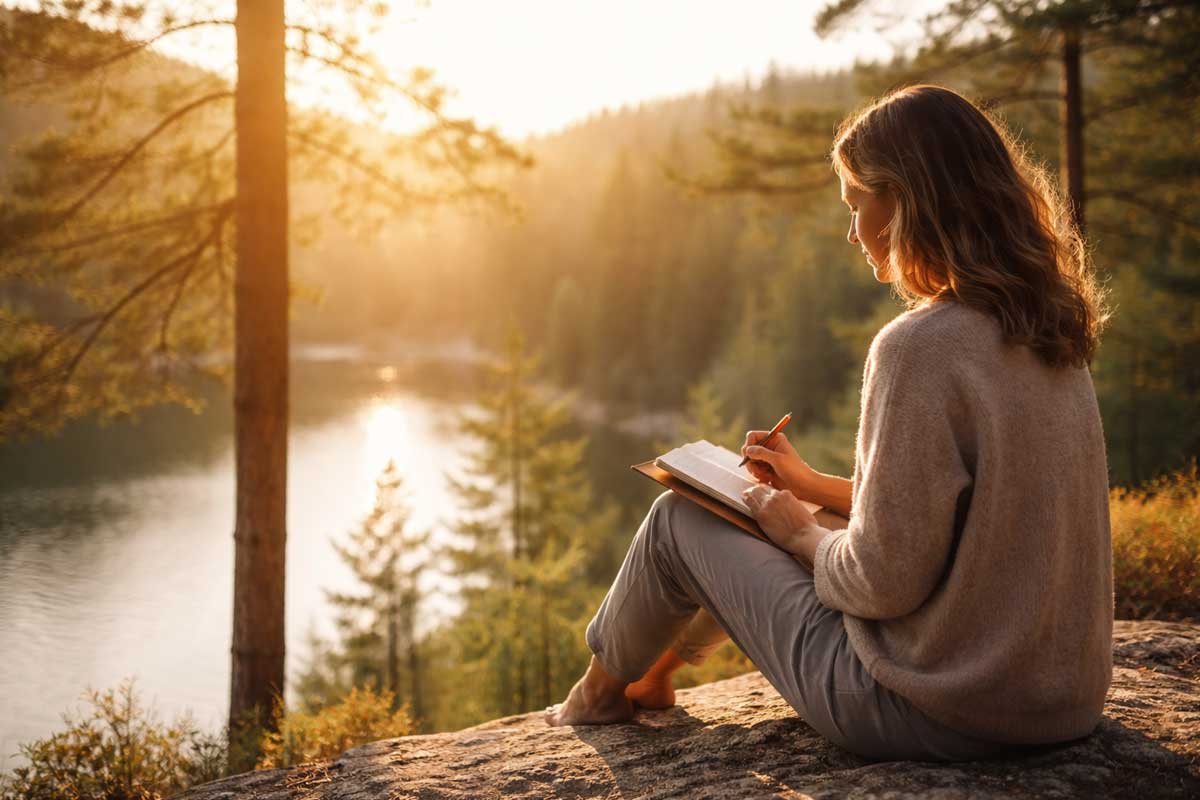 Mujer leyendo y tomando notas en la ribera de un río