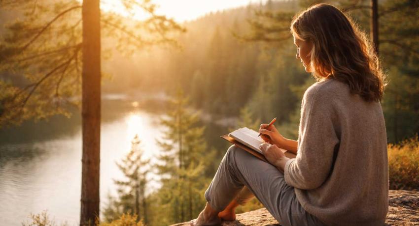 Mujer leyendo y tomando notas en la ribera de un río